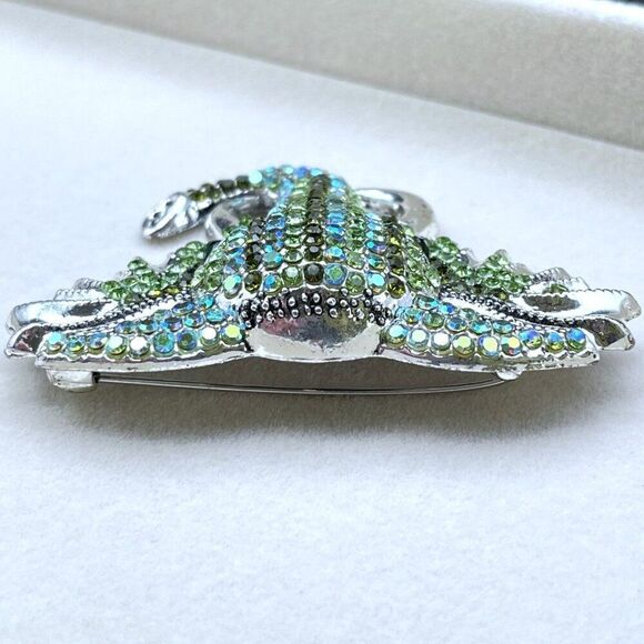 Silver with Emerald Peridot Green and AB Crystal Tusked Elephant Pin Back Brooch - Picture 6 of 10